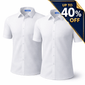 Twin pack of Ayra girls’ short sleeve school blouses in bright white, photographed against a clean white background. Both blouses are shown without a chest pocket for a sleeker, regulation-compliant design. Featuring a classic collar and button-through front, these non-iron shirts are ideal for schoolwear, offering a polished look with minimal maintenance. The twin pack presentation highlights value and consistency in school uniform essentials.