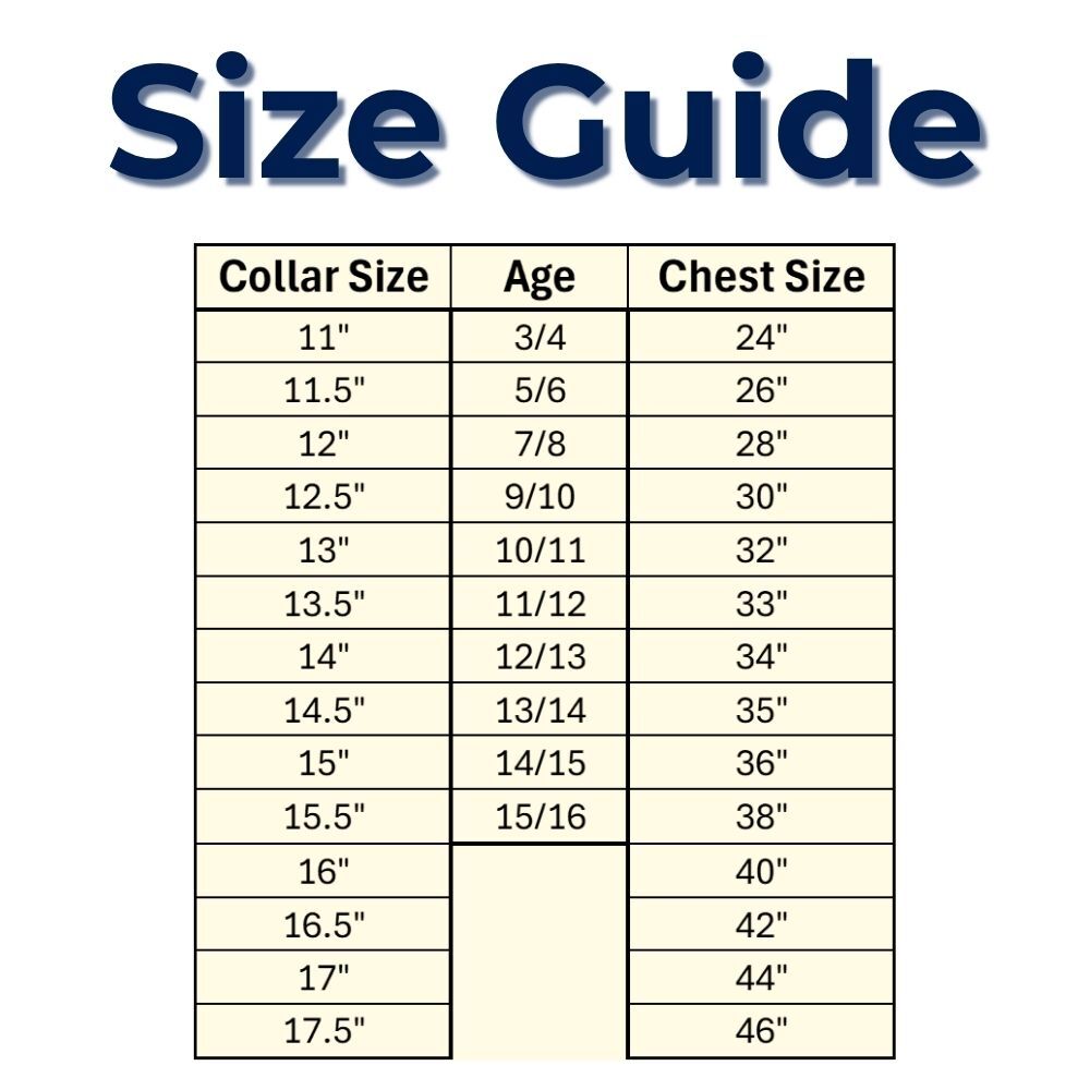 Size guide for boys and mens long and short sleeve school shirts