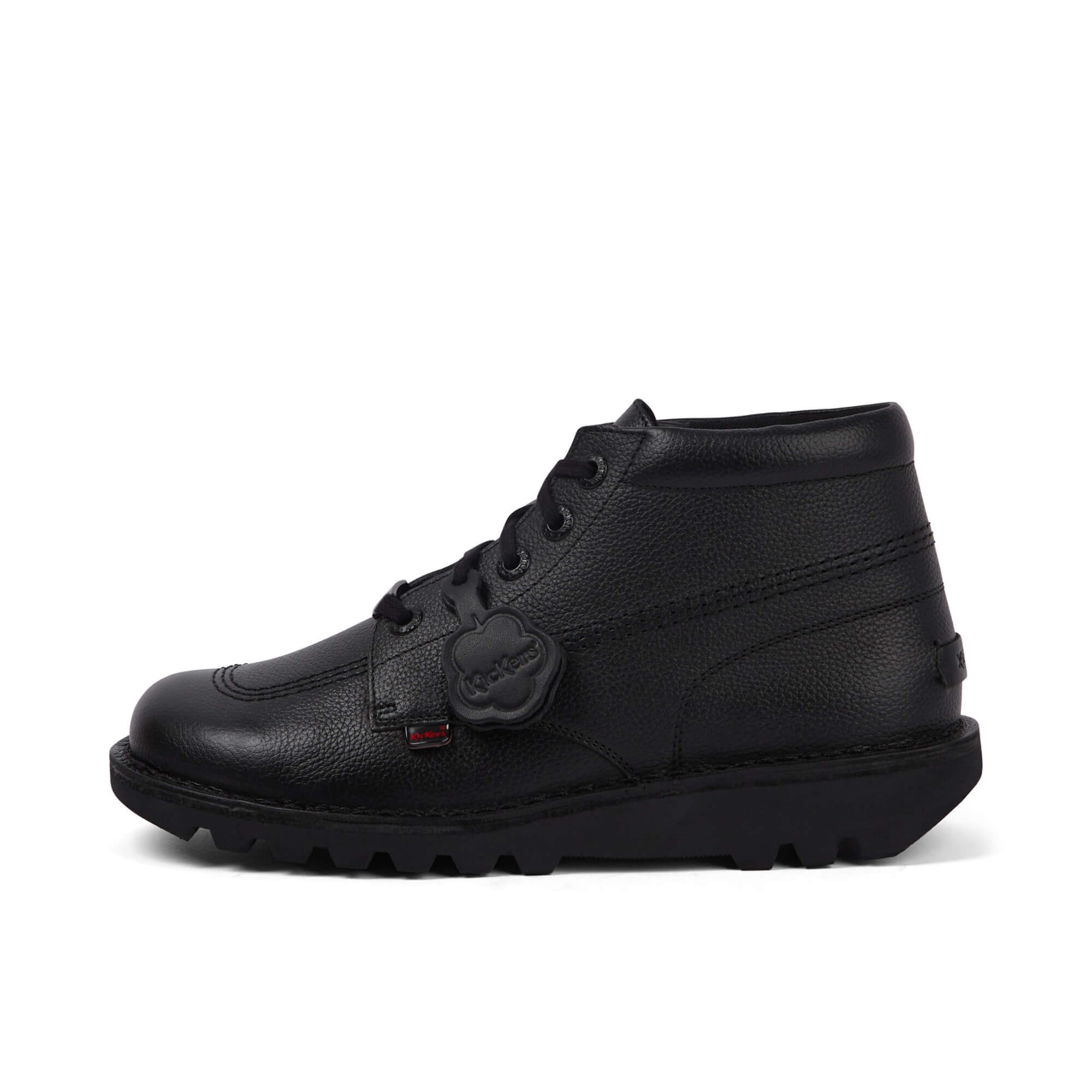 Kickers Kick Hi Tab black leather boots front angled view with lace up fastening