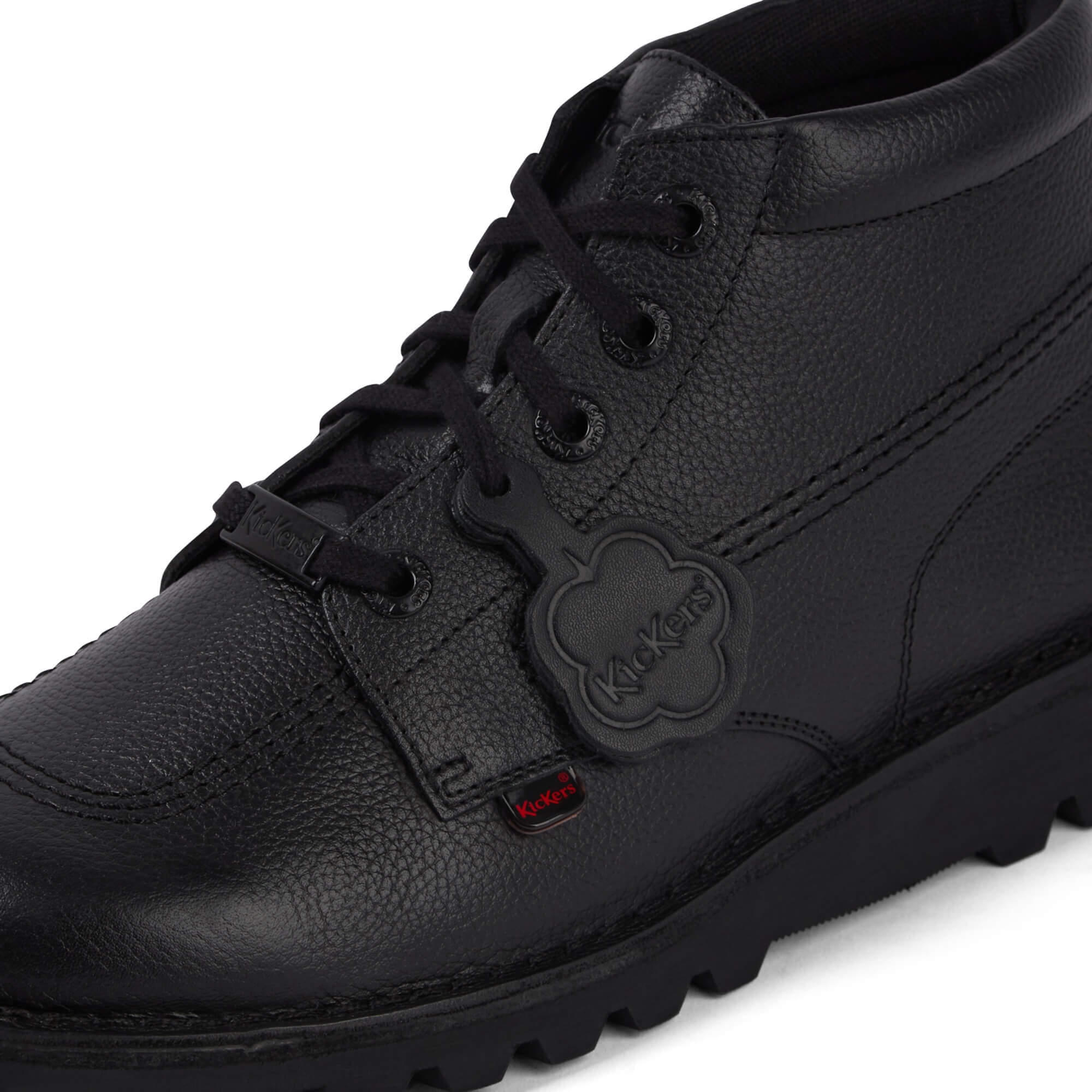 Kickers Kick Hi Tab black leather boots side view showing high top design and heel tab detail