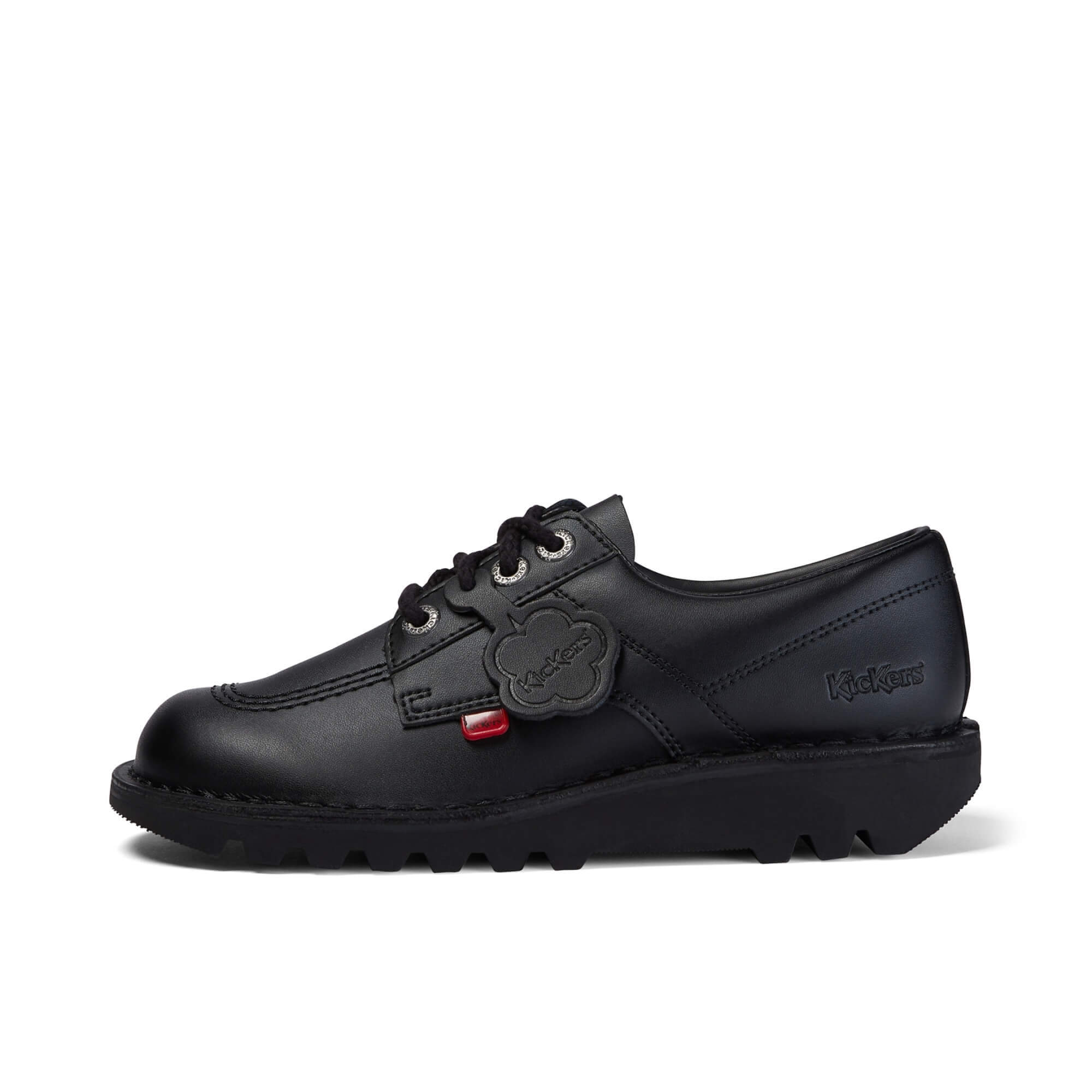 Kickers Kick Lo black leather shoes side view with padded collar and durable sole
