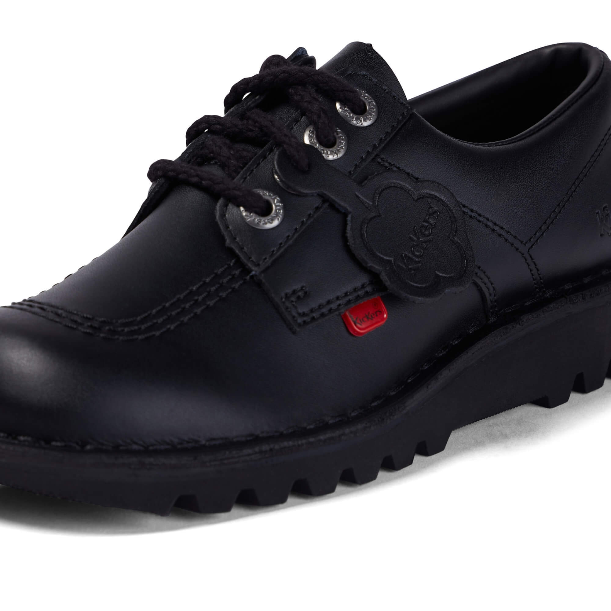 Kickers Kick Lo padded black leather shoes front view showing classic lace up design