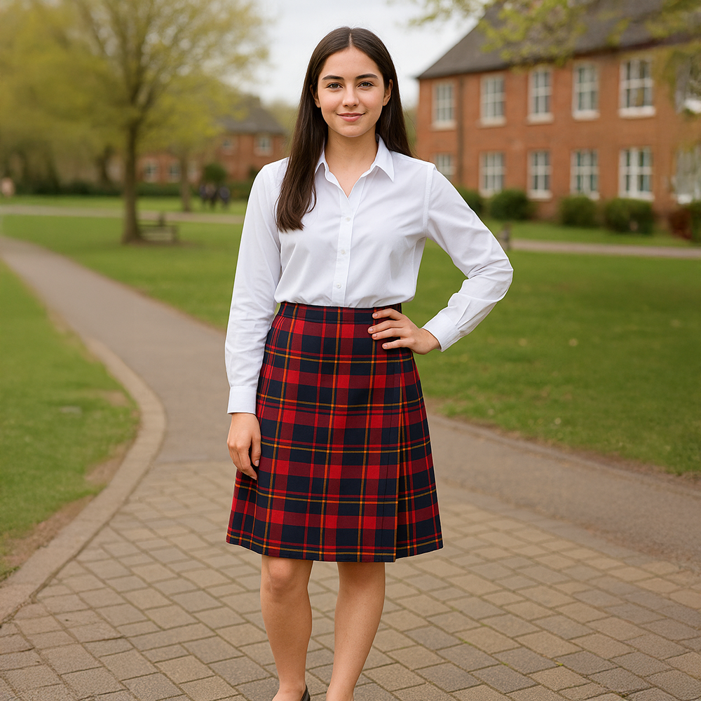 Secondary school girl standing outdoors on a curved school pathway, wearing a Red Multi Kelso tartan school kilt from Banner and white blouse with open collar. She has long dark brown hair, green eyes, and light olive skin, smiling softly in a spring schoolyard with benches, brick buildings, and distant students in the background.