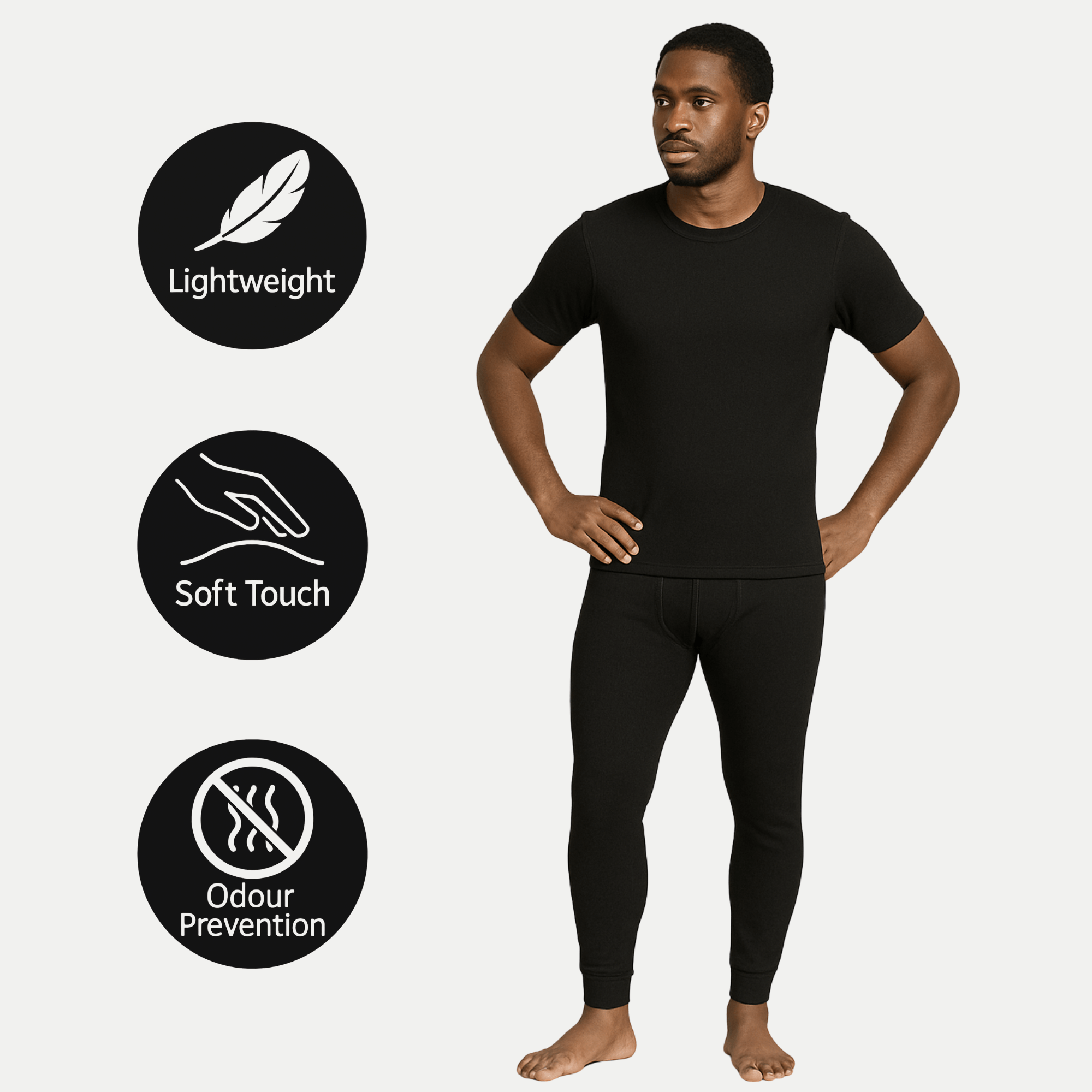 Black 2 pack men’s thermal underwear set with short sleeve T-shirt and long johns displayed on model