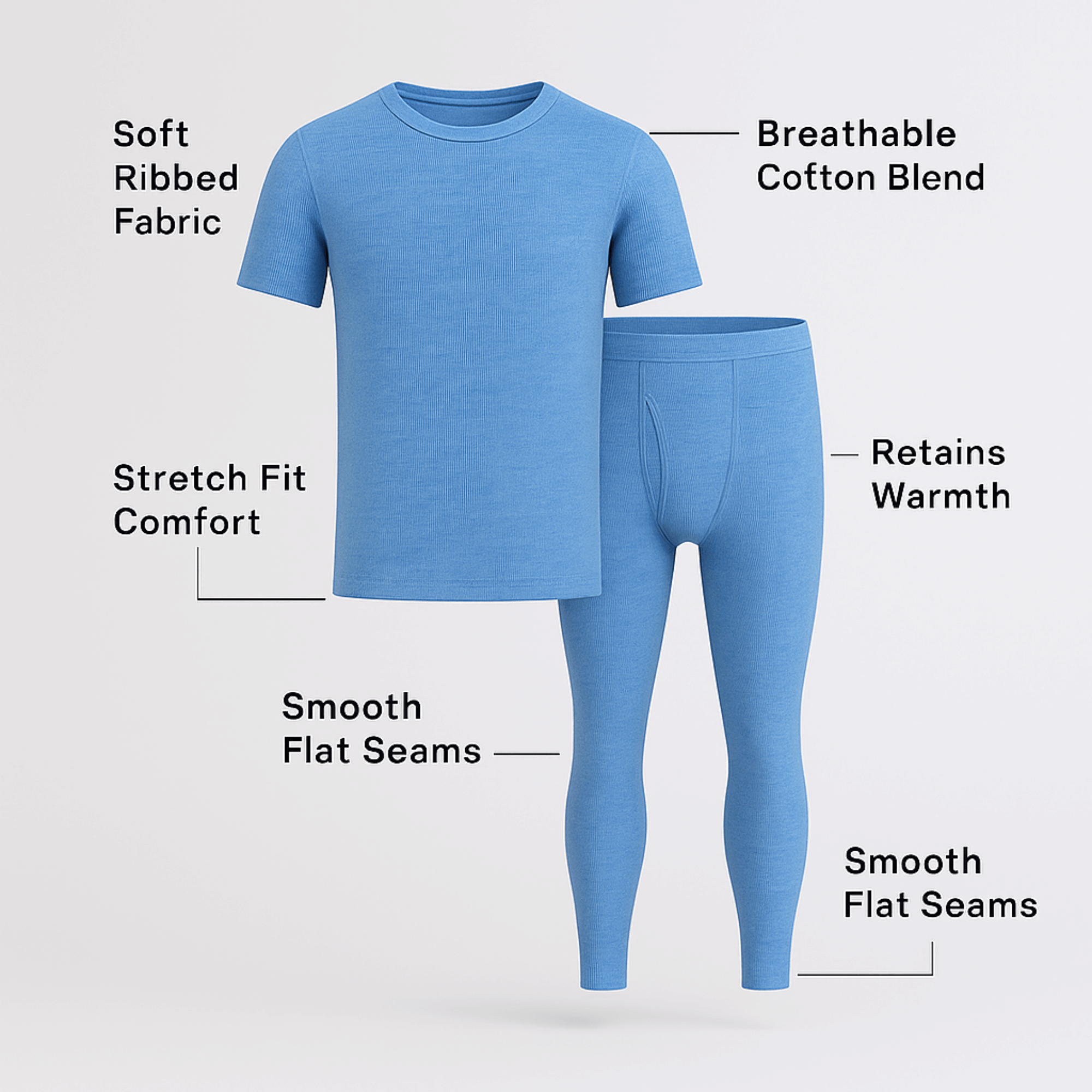 Light blue men’s thermal underwear set showing short sleeve top and long johns made from soft cotton blend fabric