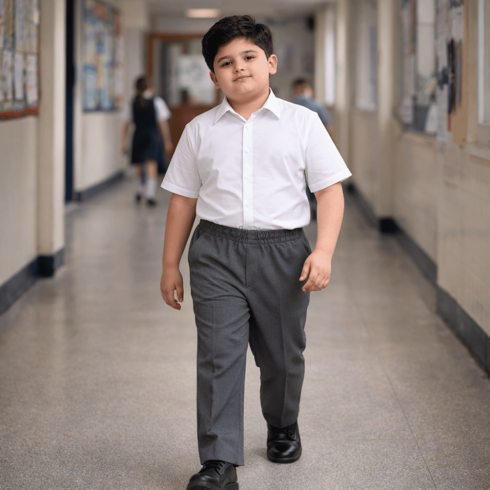 Boys grey plus fit school trousers with full elastic waist pull-on design age 4&ndash;17 made from eco polyester viscose blend