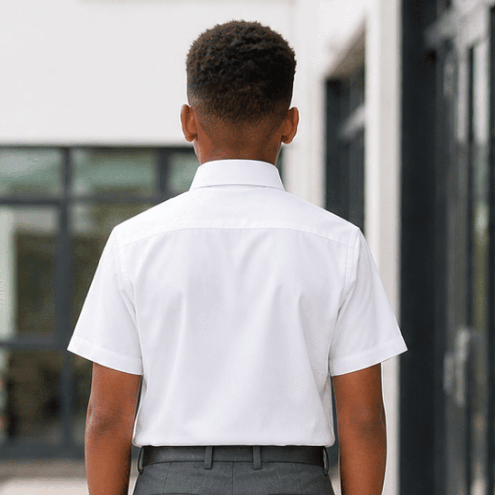 Back view of boy wearing white non iron school shirt with grey school trousers