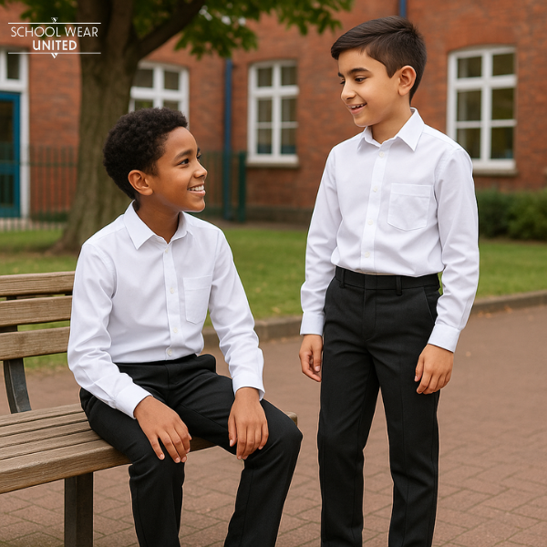 Boys slim fit school trousers with half elastic waist in black