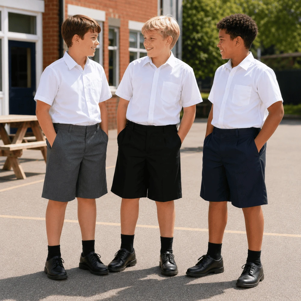 Boys wearing sturdy fit plus size school shorts in grey black and school navy