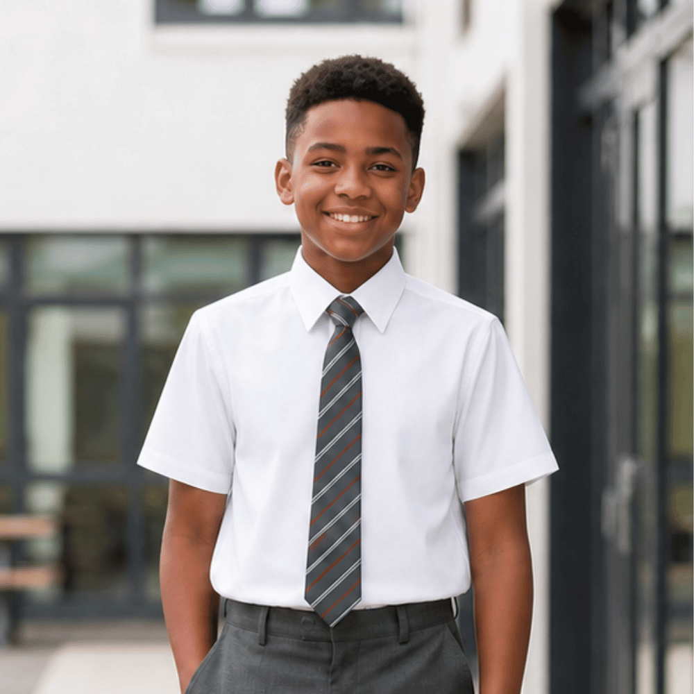 Boy wearing white non iron short sleeve school shirt with grey school trousers and tie