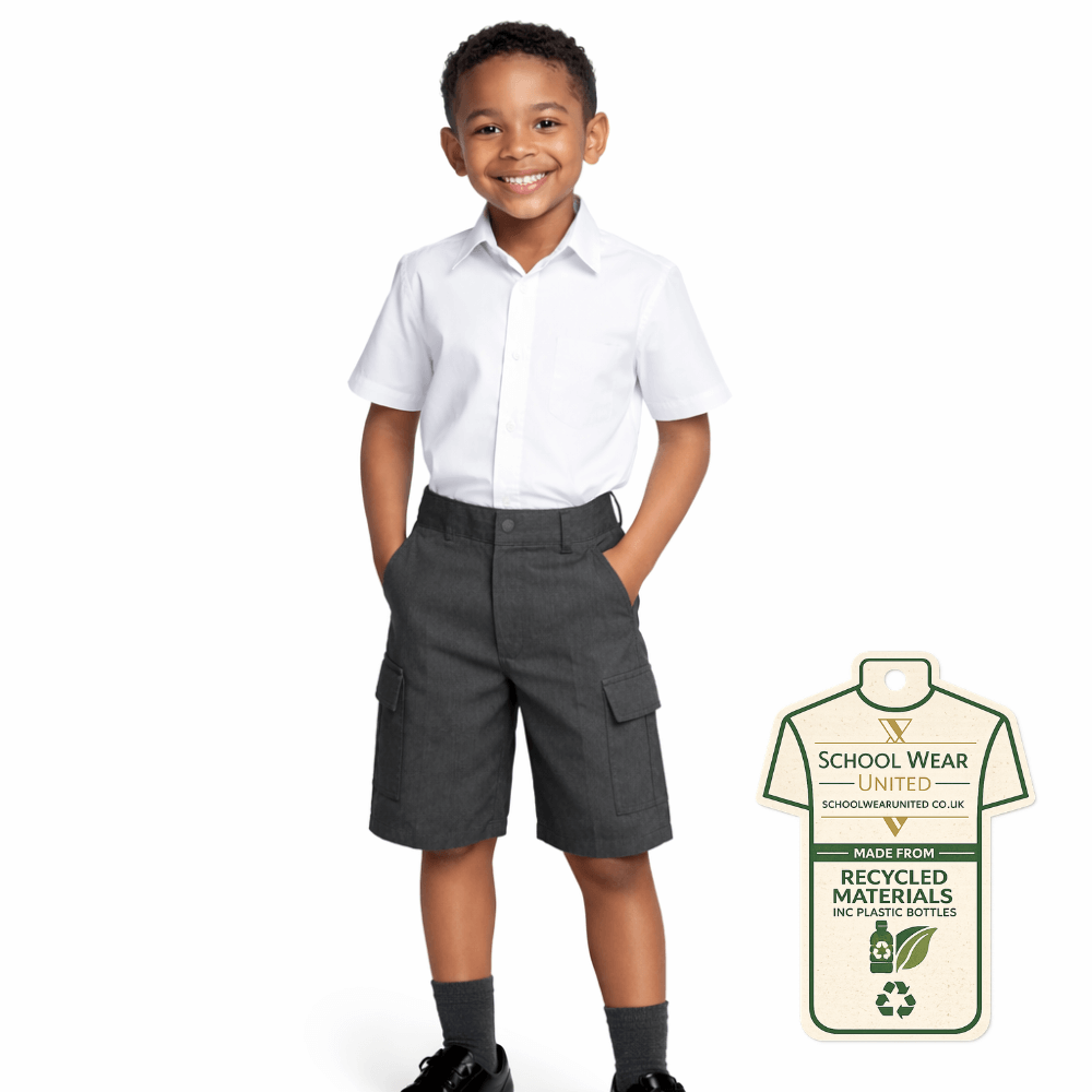 Child wearing boys pull-on elasticated waist cargo school shorts