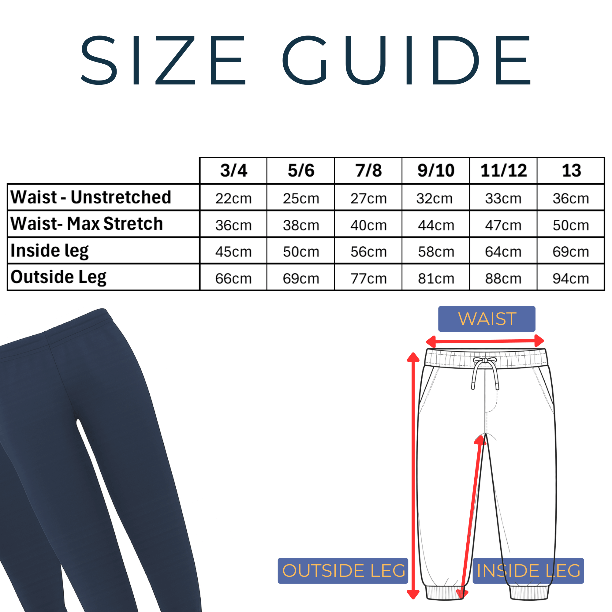 Size guide for twin pack school jogging bottoms showing measurements for children aged 3 to 13 years