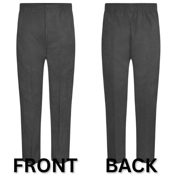 Zeco boys full elastic pull-up school trousers, front and back view