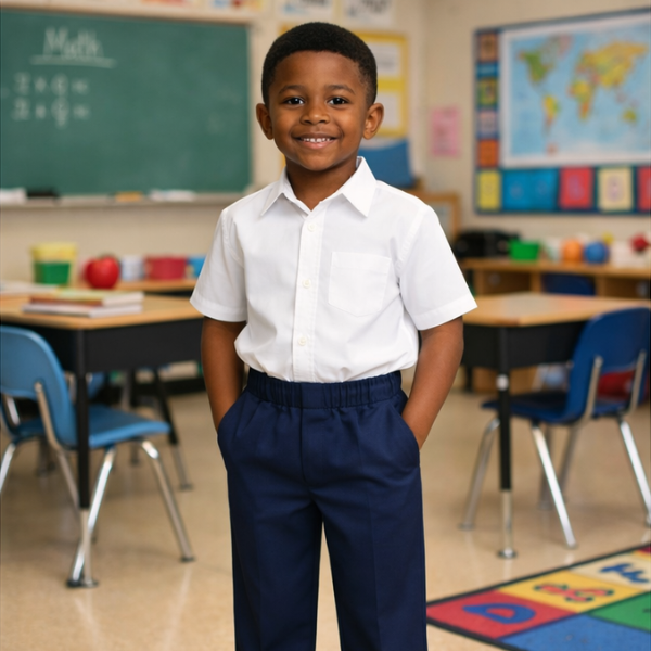 Boy wearing school pull up trousers in a classroom