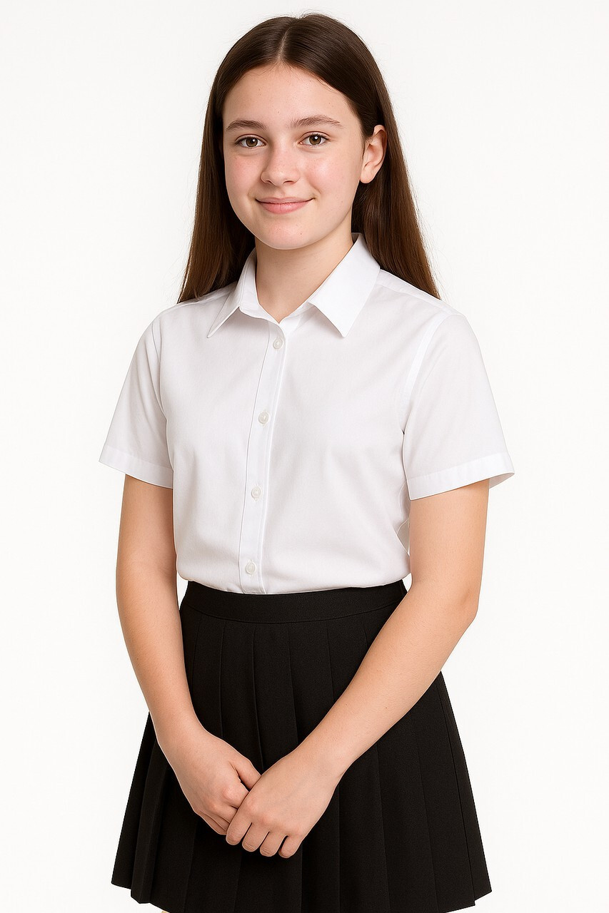 Girl wearing Ayra non-iron short sleeve white school blouse