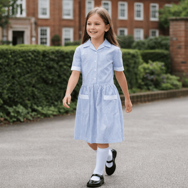 Girls blue striped school summer dress front view, Kinsale button front corded stripe dress by Banner