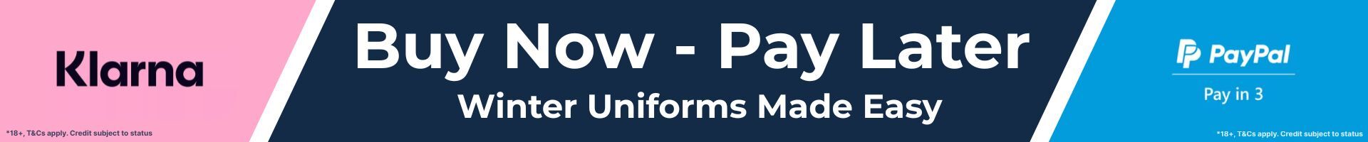 School Wear United winter payment banner featuring Klarna and PayPal Pay in 3, promoting flexible buy now pay later options for school uniforms.