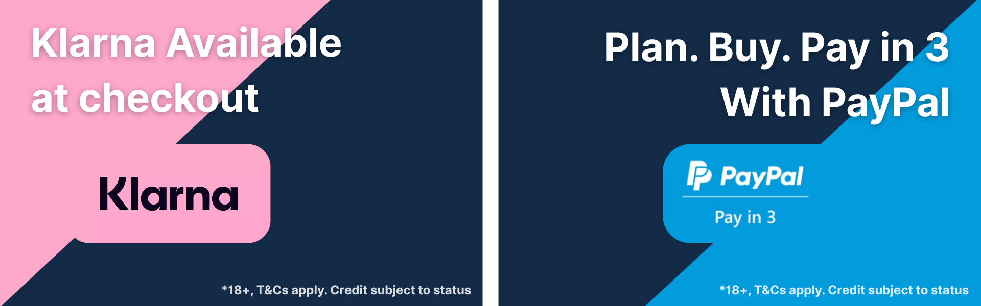 Shop now, pay in 3 with Klarna – banner showing school uniform items with Klarna payment option available at checkout. School Wear United branding in navy with Klarna pink logo