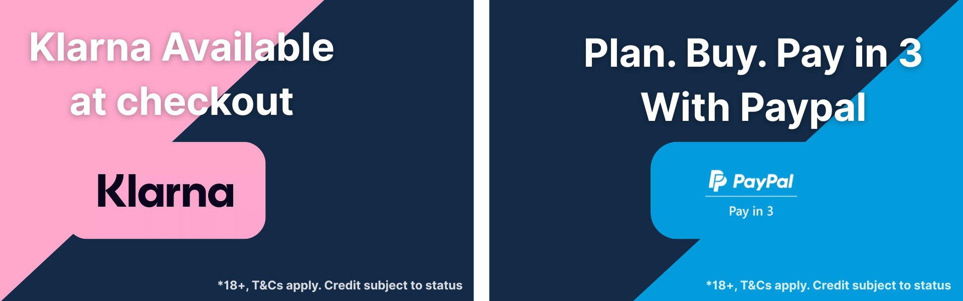 Shop now, pay in 3 with Klarna – banner showing school uniform items with Klarna payment option available at checkout. School Wear United branding in navy with Klarna pink logo