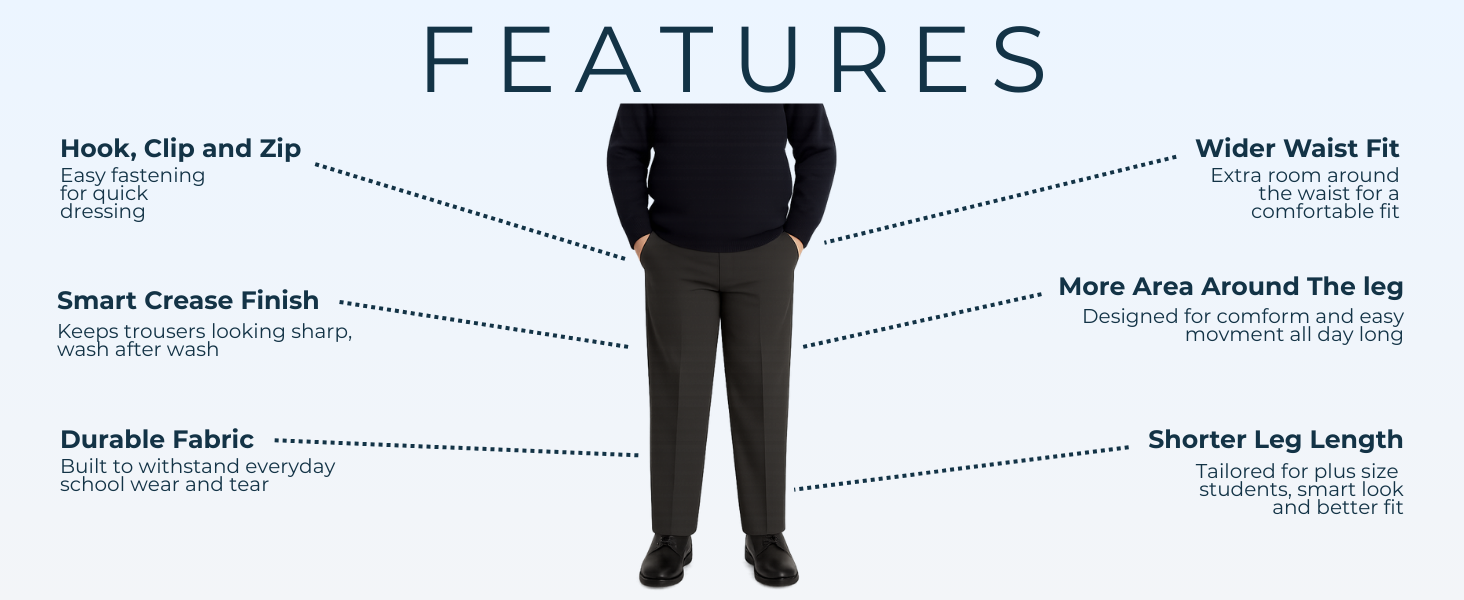 Features of boys sturdy fit plus size school trousers including smart uniform finish and durable everyday wear