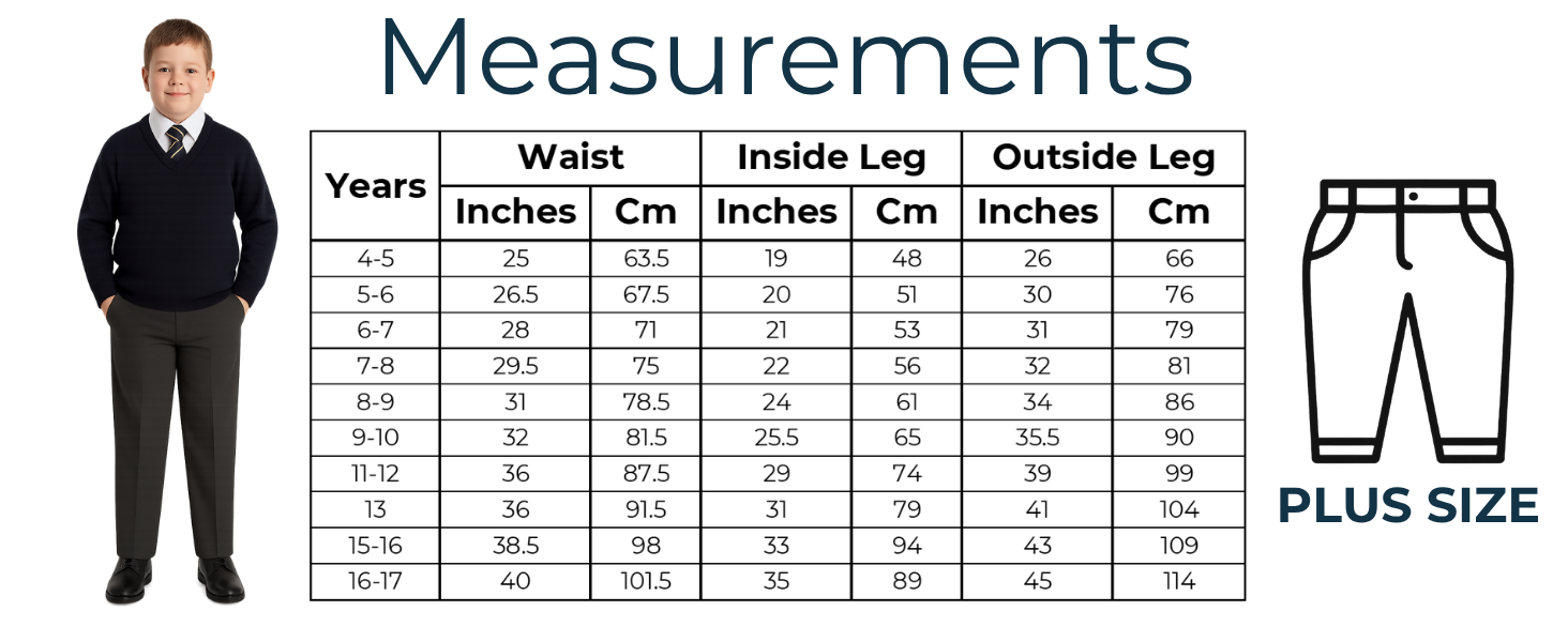 Measurement guide for boys plus fit school trousers including waist and inside leg guidance