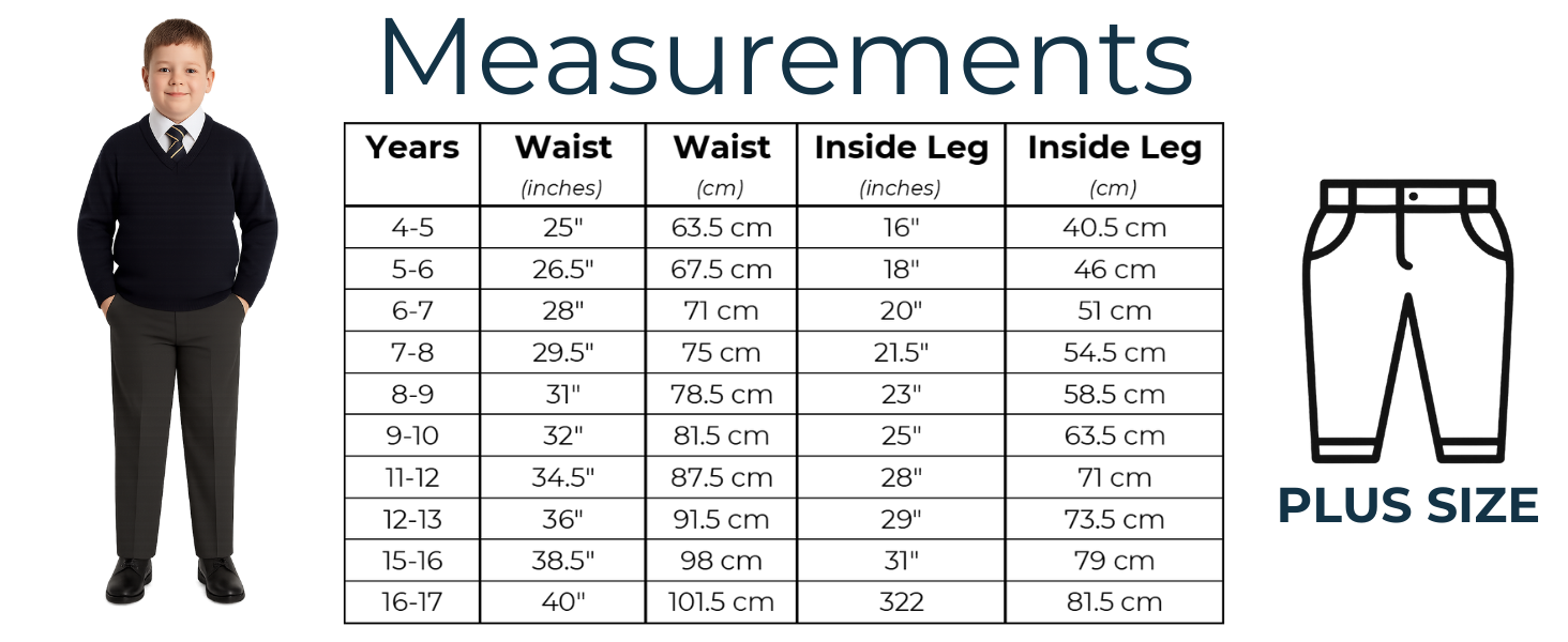 Measurement guide for boys plus size school trousers including waist and inside leg guidance