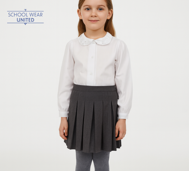 Girls white non iron lace collar school blouse with grey box pleat skirt and tights