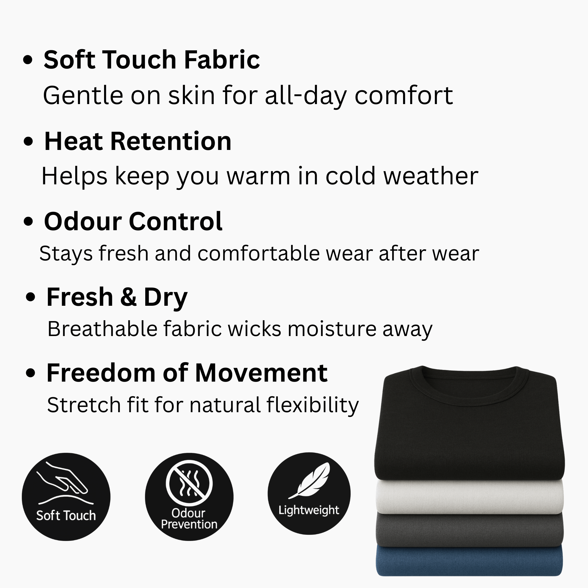 Men’s thermal underwear feature icons showing soft touch fabric, odour prevention, stretch fit and moisture control