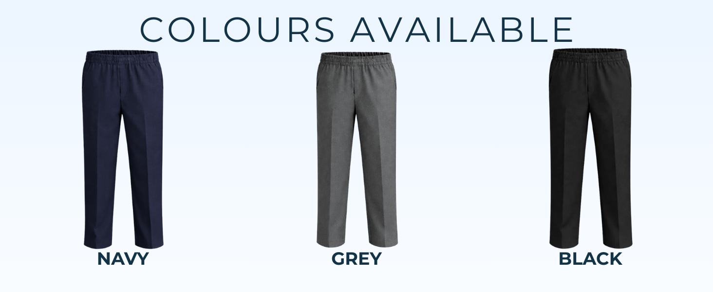 Boys plus size school trousers available in grey black and navy