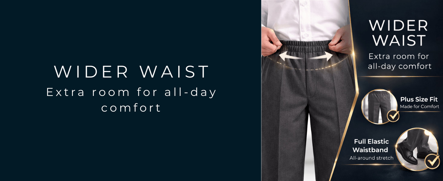 Wider waist boys plus size school trousers for extra room and all day comfort