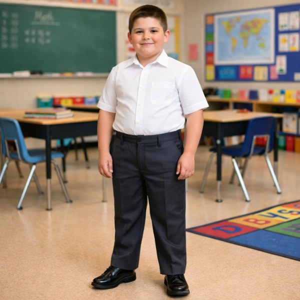 Boy wearing sturdy fit school trousers in a classroom