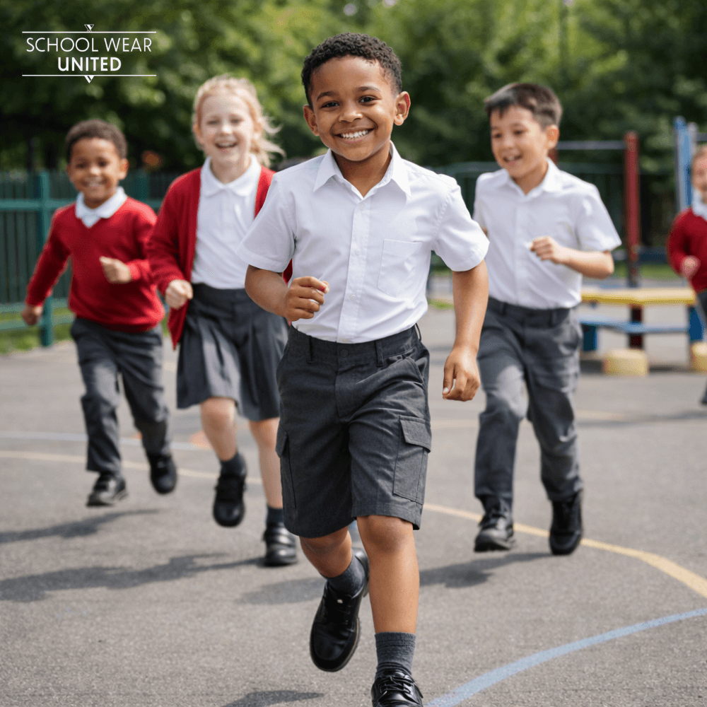 Boys pull-on school cargo shorts with white school shirt and black school shoes