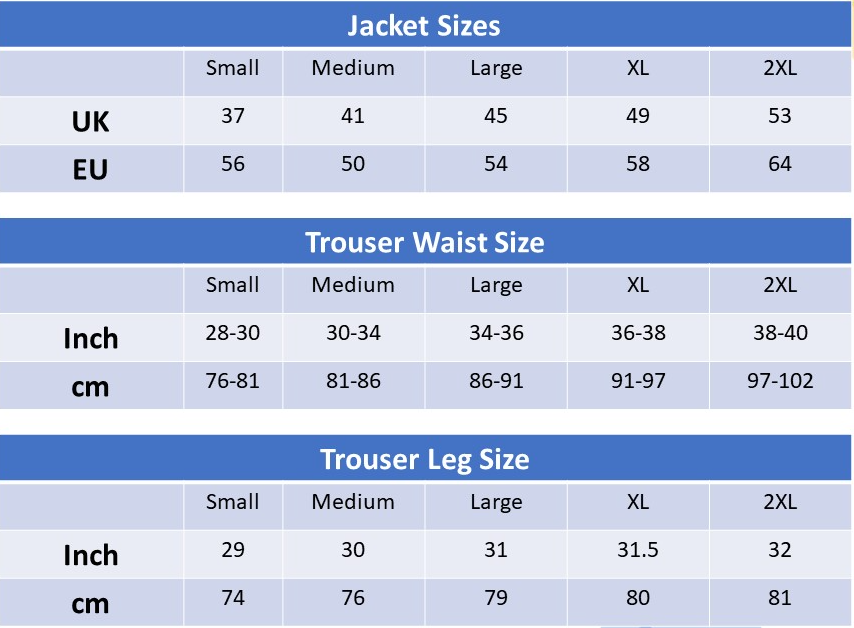 Result R095X waterproof jacket and trousers size guide chart