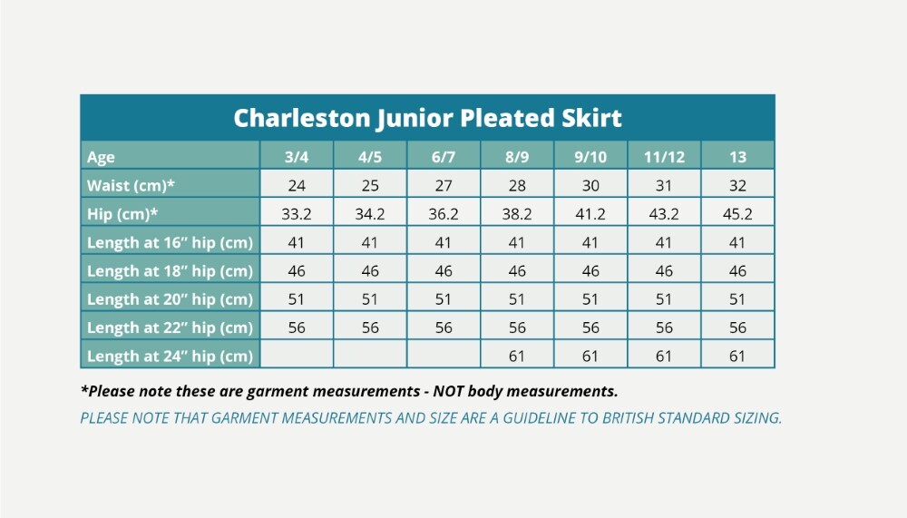 Charleston Junior Pleated Skirt (Banner) Sizing Guide