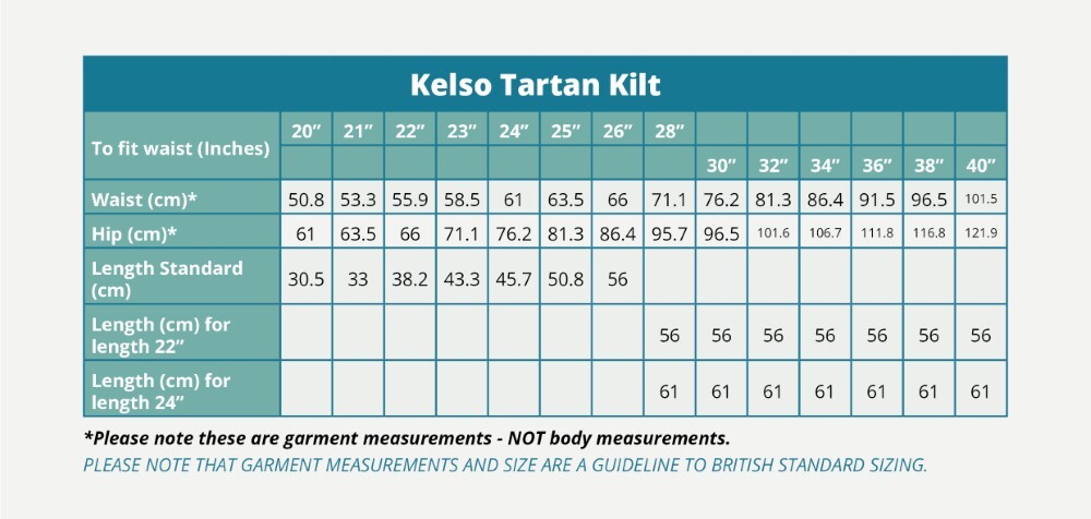 Kelso Tartan Kilt (Banner) Size Guide