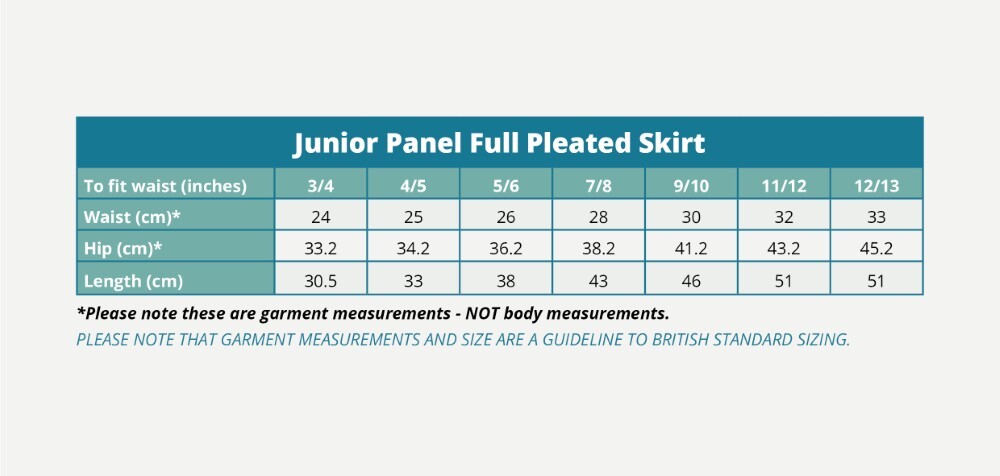 Junior Panel Full Pleated Skirt (Banner) Size Guide