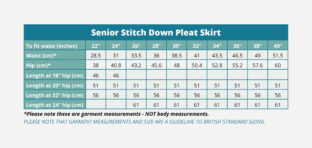 Senior Stitch Down Pleat Skirt (Banner) Size Guide