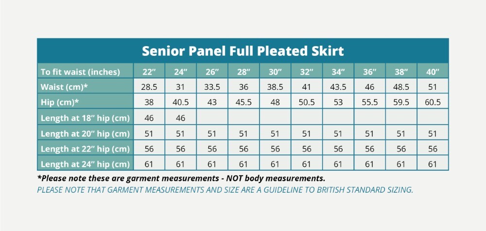 Senior Panel Full Pleated Skirt (Banner) Size Guide