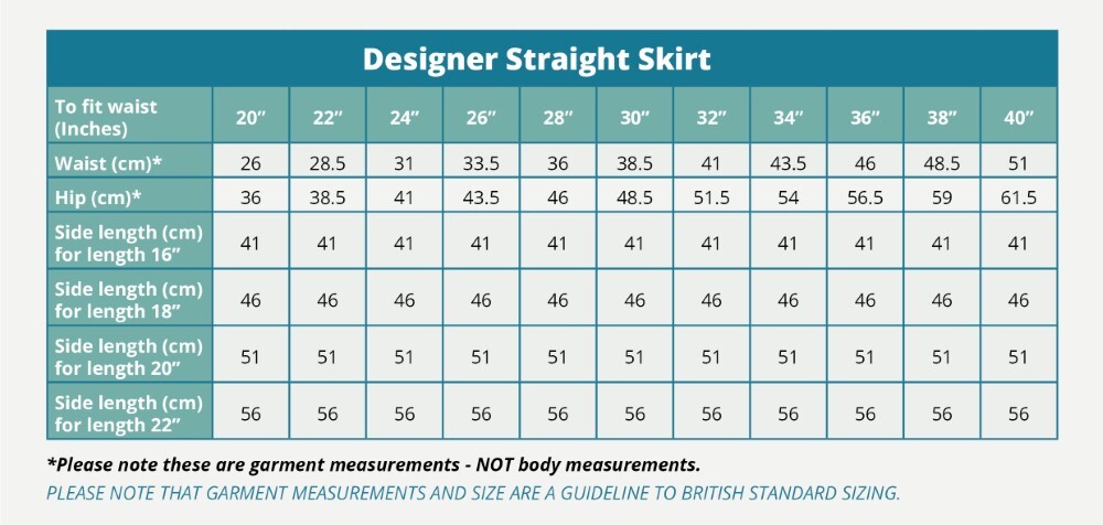 Designer Straight Skirt (Banner) Size Guide