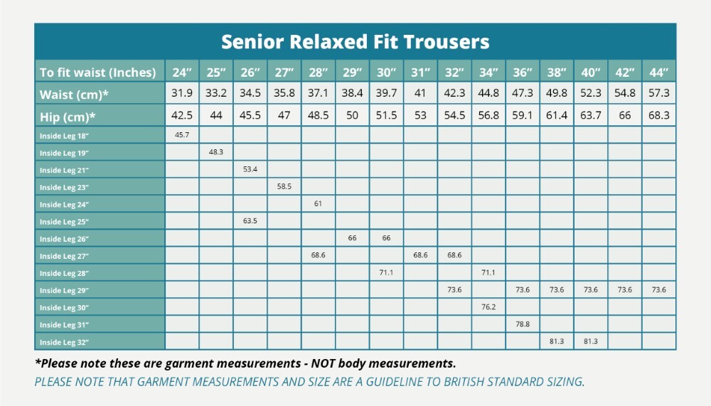 Senior Relaxed Fit Trousers (Banner) Size Guide