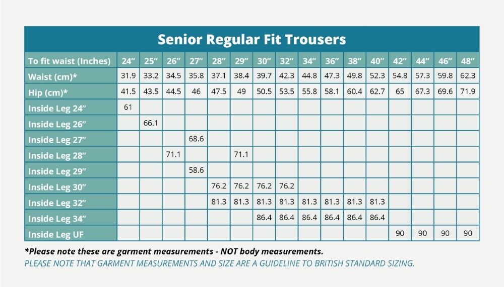 Senior Regular Fit Trousers (Banner) Size Guide