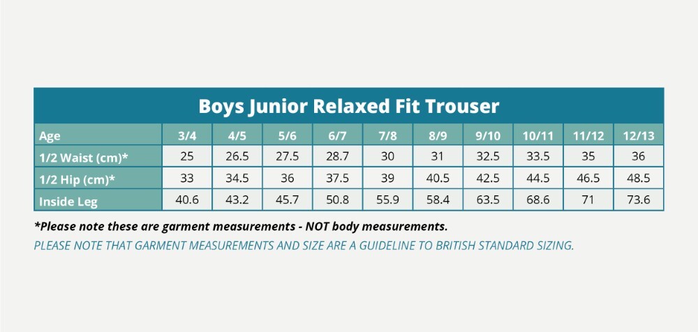 Junior Boys Relaxed Fit Trousers (Banner) Size Guide