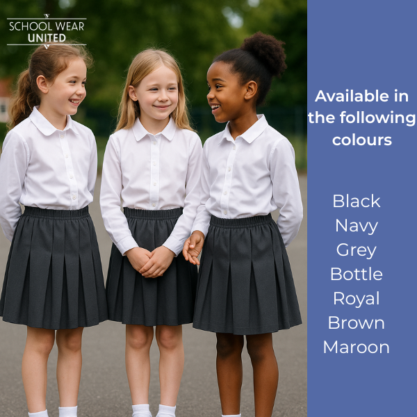 Girls box pleat school skirt colours – grey, navy, black, bottle green, maroon, royal blue, brown