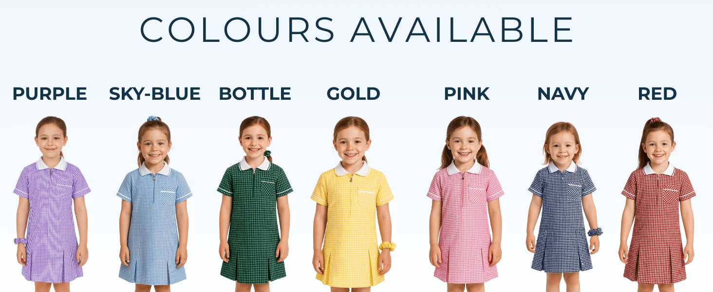 Gingham school dress available in purple, sky blue, bottle green, gold, pink, navy and red