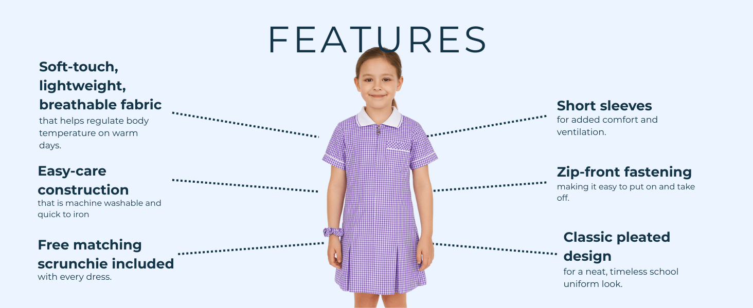 Features of the girls gingham school dress including breathable fabric and zip front