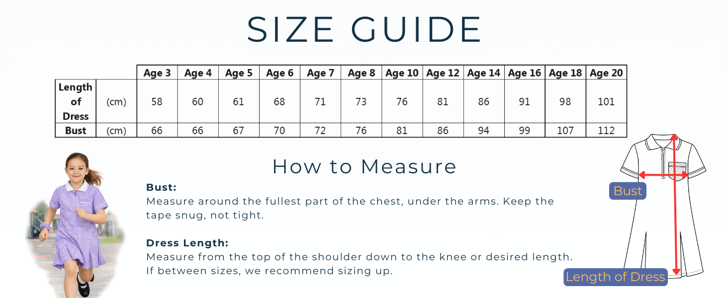 Size guide for girls gingham school dress