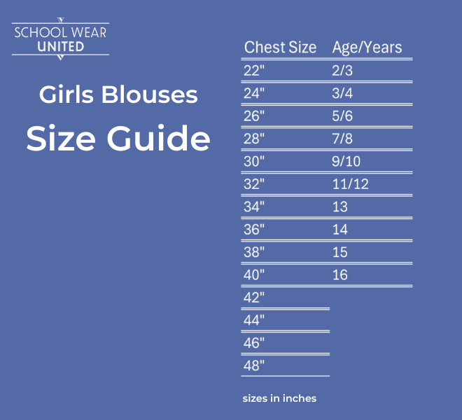 Ayra girls school blouses size guide chart – chest sizes 22 to 48 inches