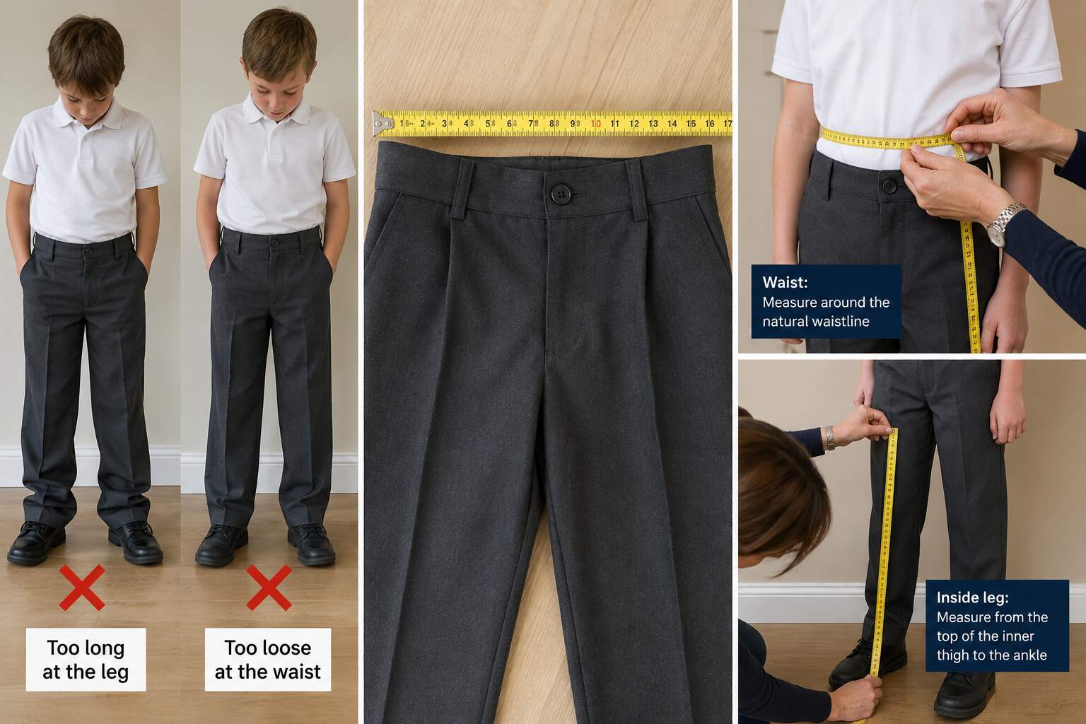 How to measure a child for school trousers, showing waist and inside leg measurement and examples of trousers that are too long at the leg and too loose at the waist