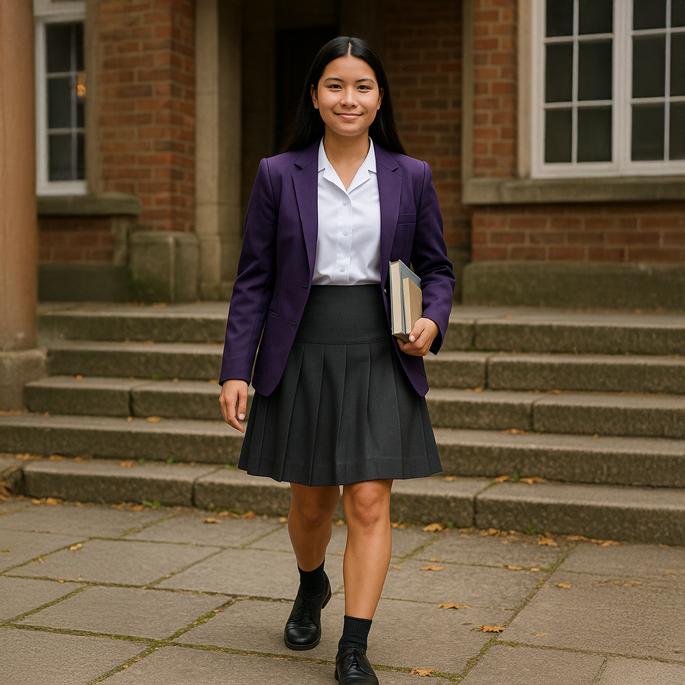 A secondary school girl walks confidently down stone school steps wearing a grey senior panel full-pleated skirt by Banner, paired with a white revere-collar blouse and an unbuttoned purple blazer. The skirt features a smooth drop-waist yoke and deep knife pleats, falling neatly to the knee. She has long straight black hair, warm tan skin, and carries two books with a calm, friendly expression. Black school shoes and ankle socks complete the uniform. The outdoor school setting shows soft daylight, aged brick walls, and scattered autumn leaves.