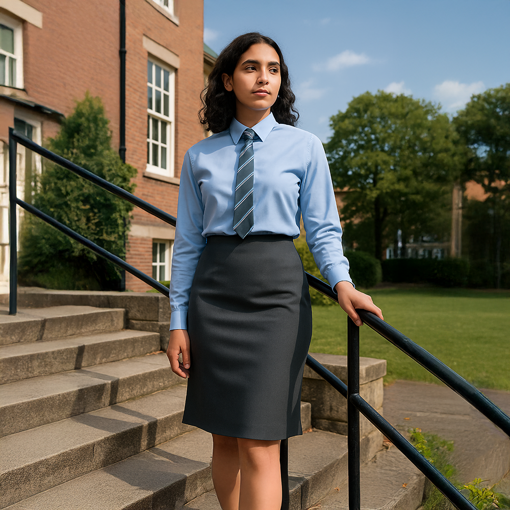 Secondary school student wearing steel grey Designer Straight Skirt by Banner, paired with light blue school shirt and striped tie, walking down school steps outside red-brick building on a sunny day.